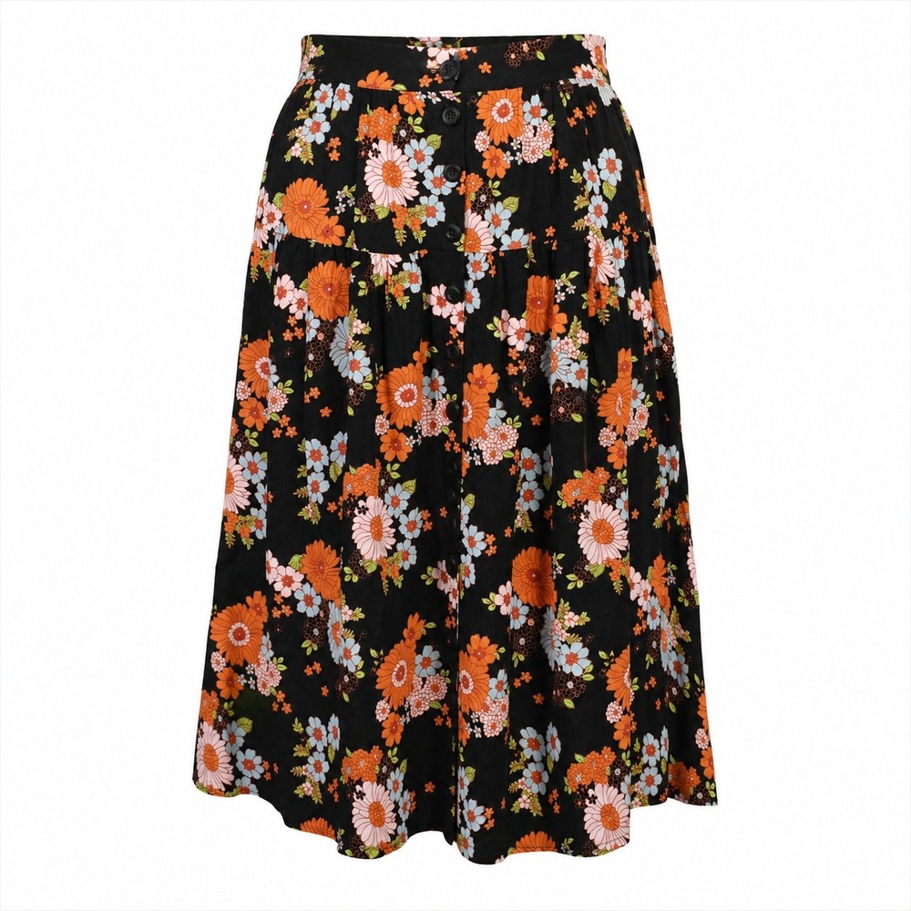 ModCloth 70s Flower Power Midi Skirt‎ Daisy at Nightfall Floral Button Front 10